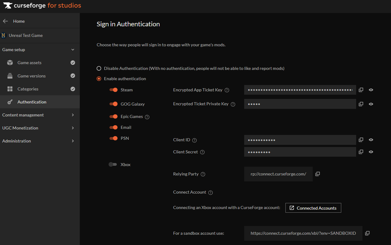 Authentication Section in CurseForge for Studios Developer Portal