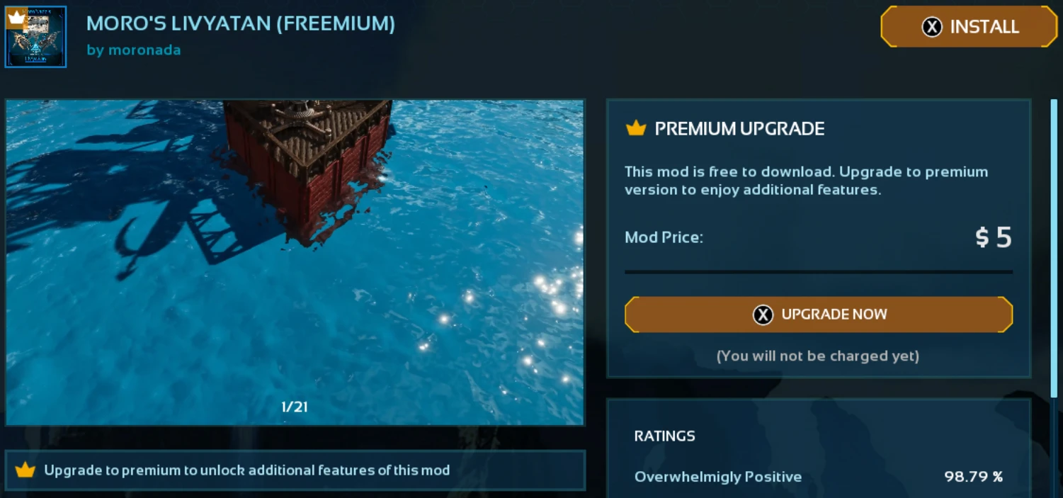In-game mod page for a freemium mod, free to install with a premium upgrade panel offering additional features for a price