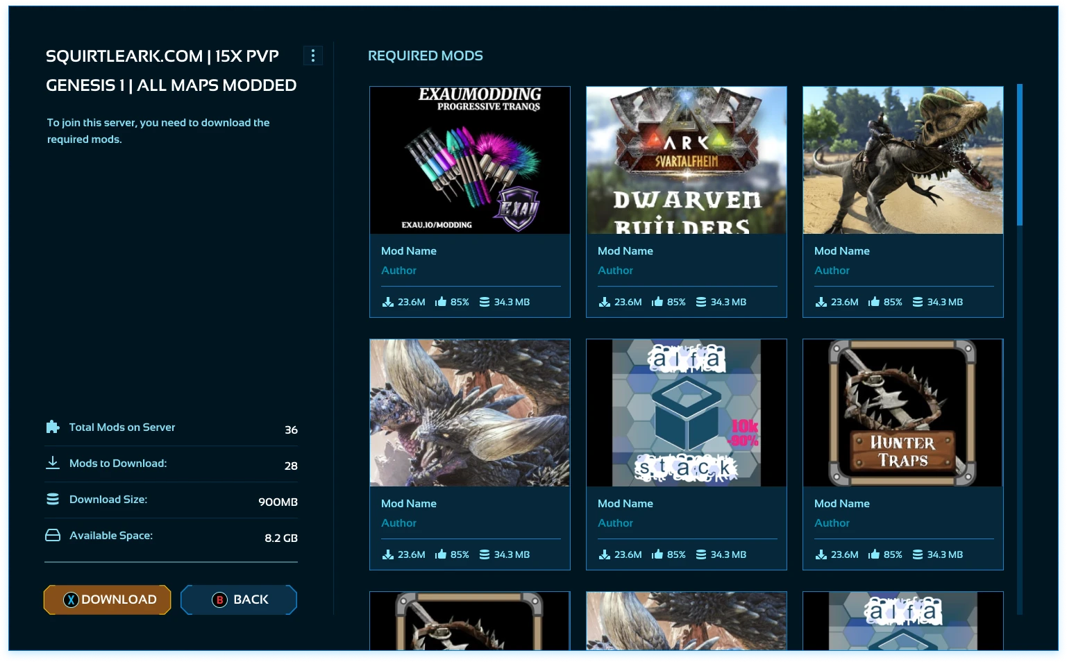 Server connection screen listing the required mods for a server, with total mods, mods to download, download size and available disk space
